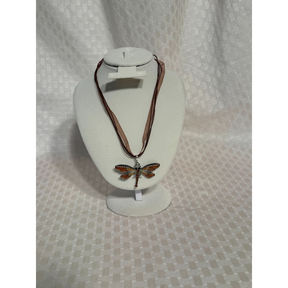 Brown and Tan Silver Tone Enamel & Gems Dragonfly Pendant Necklace New